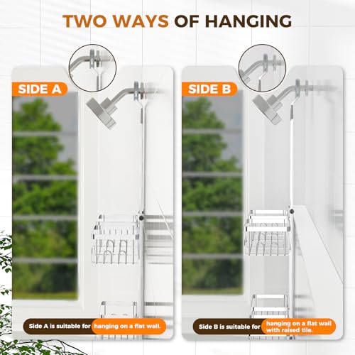 REINHARDT Split Shower Caddy Hanging for Handheld Showerheads, Silver | Adjustable Shower Organizer, Rustproof, 16 Hooks, Soap Holder, 40lbs Capacity, Anti-Slip, Tool-Free, Bathroom Accessories - color: Silver
