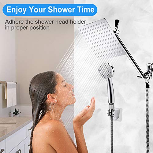 12'' Shower Head, High Pressure Rainfall Shower Head/Handheld Showerhead Combo with 11” Extension Arm, Anti-leak Shower Head with Holder/Hose, Flow Regulator - Chrome - color: Silver, size: 12 Inch