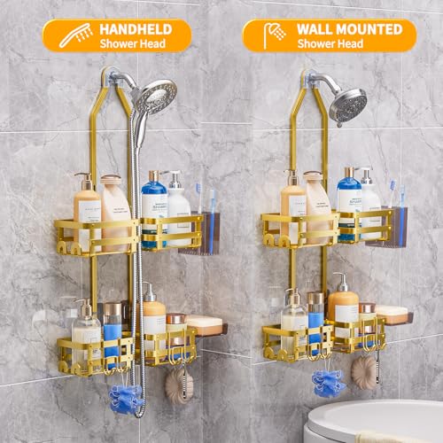 Aluminum Shower Caddy Hanging, Never Rust Shower Organizer | 4 Levels with adjustable Height 10 Hooks for Razor/Sponge - Rack with Soap Basket (Gold) - color: Gold