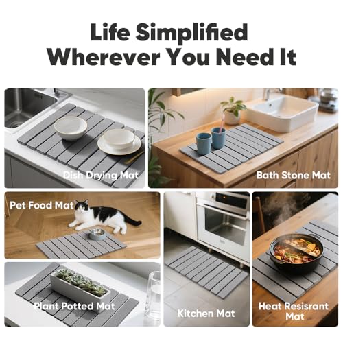 Stone Drying Mat for Kitchen Counter, Quick Diatomaceous Earth Mats for Dishes, 24"L x 16" W Super Absorbent Fast-Drying Collapsible Countertop Stone Mat (Light Grey, 24" x 16") - color: Light Grey