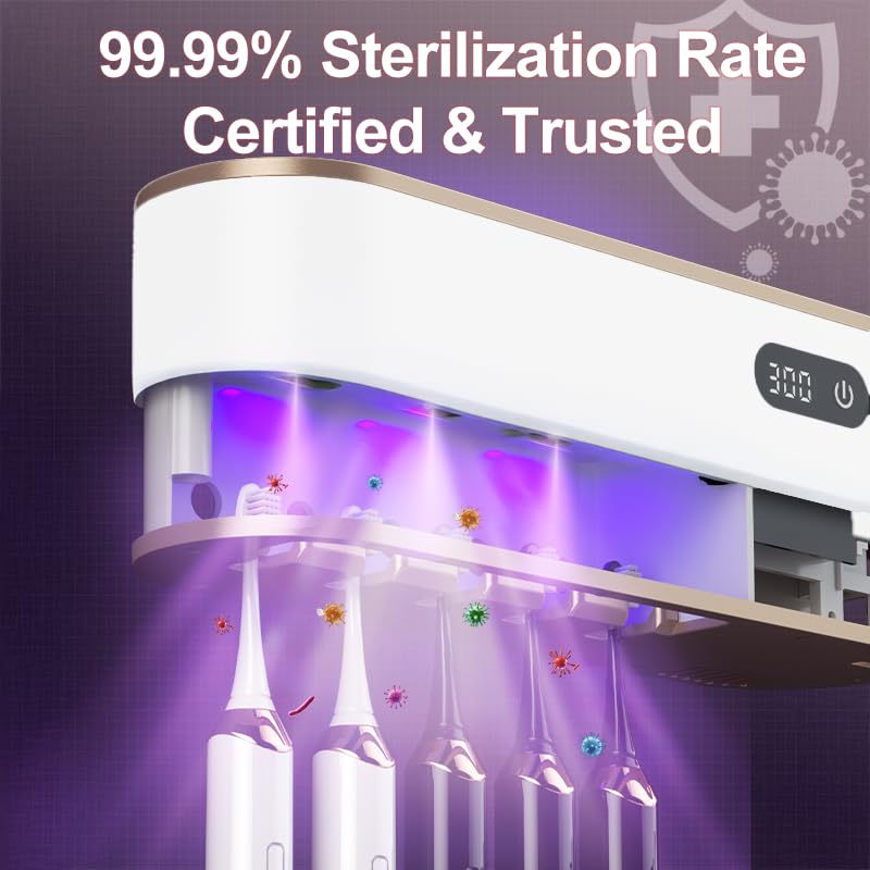 UV Toothbrush Sanitizer Holder for 4 | Wall Mounted Toothbrush Holder for Bathroom with Fan Drying | USB Rechargeable Toothbrush Cleaner & Sterilizer, No Drill Install, Modern Design (White) - color: White