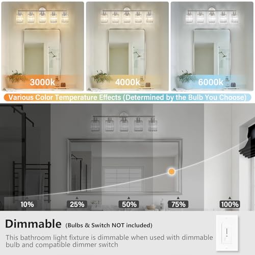 5 Light Bathroom Light Fixtures, Modern Crystal Vanity Lights over Mirror | Metal Frame, Bathroom Light with Square Crystal Shade, ETL Certified, E26 Ceramic Socket, Bulbs Not Included - color: Brushed Nickel, size: 5-Light