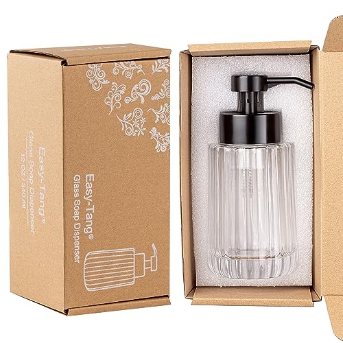 Easy Tang Glass Foaming Soap Dispenser with Black Pump, 12 OZ Vintage-Inspired Modern Glass Refillable Bottle, Hand Soap for Bathroom Countertop and Kitchen