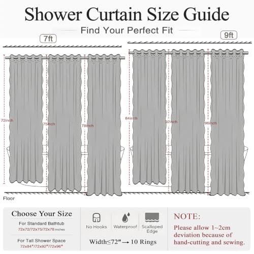 Furlinic Grey Scalloped Shower Curtain No Hook 84 Inch Long Fabric Modern | Linen Waterproof Farmhouse Bathroom Curtains 72x84 Luxury Weighted Tall Neutral Hotel Cute Heavy Duty Chic Washable Cloth Spa - color: Pebble Gray, size: 72"W x 84"L (Pack of 1)