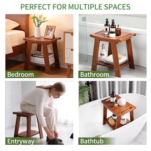 KEGII Teak Shower Bench with Shelf & Handle, Solid Teak Wood Shower Stool for Shaving Legs, Easy Assembly Shower Seat Chair for Shower Storage Shelf, 300lb Capacity (15.75'' 2-Tier)