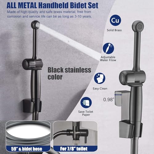 Handheld Bidet Sprayer for Toilet, Cloth Diaper Toilet Sprayer, Hand Held Bidet Attachment Brass 7.9" Bidet Wand, Adjustable Water Jet Spray with Backflow Preventer - color: Black