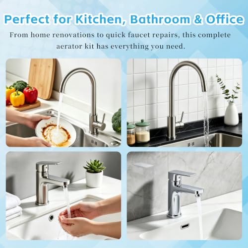 16PCS Faucet Aerator Replacement Kit, 12 Pack Insert Aerators, 2 Pack M24 (15/16") & 2 Pack M22 (55/64") Brass Aerators, Flow Restrictor with M24 Wrench for Kitchen & Bathroom Faucets