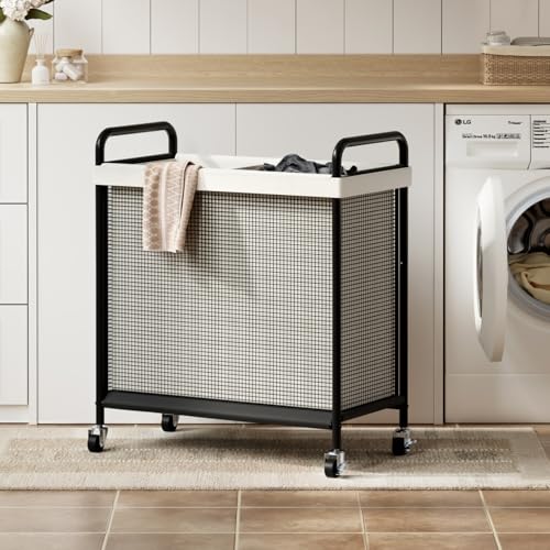 WOWLIVE Rolling Laundry Hamper 2 Section, 100L Laundry Basket with Wheels | Double Laundry Sorter with Metal Handle and Removable Bag, Large Clothes Hamper for Laundry Room, Bathroom and Dorm, Beige - size: 2-Section