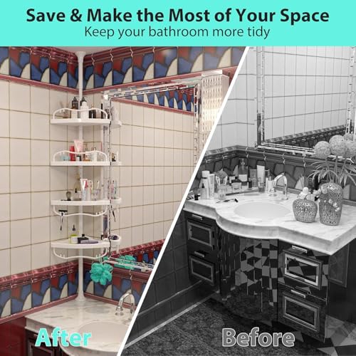 Shower Caddy Tension Pole with 4 ABS Baskets,Shower Storage Shelf with 56 to 125 Inch Adjustable Stainless Pole for Bathroom White - color: White