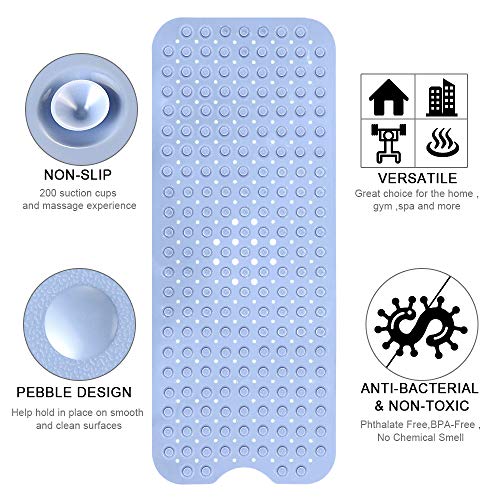 YINENN Bath and Shower Safety Mats 40x16 inch, Non Slip with Suction Cups for Bathroom Stall and Tub Floor, Extra Large and Machine Washable, Drain Holes Keep Bathtub Clean, Light Blue - color: Light Blue
