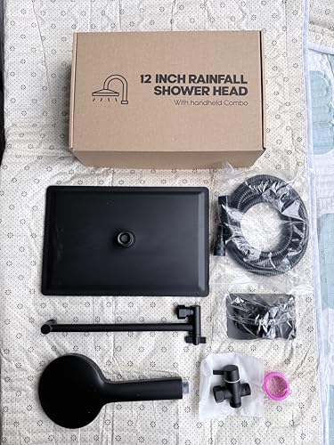 Shower Head,12”Rain Shower Head with Handheld Spray Combo with 11'' Angle Adjustable Extension Arm/Flow Regulator/Shower System,High Pressure Rainfall Shower Head Clean Bathroom,Matt Black - color: Black, size: 12 Inch