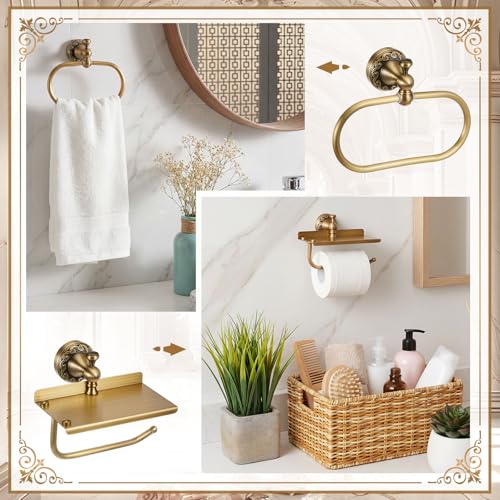 2 Pcs Antique Brass Toilet Paper Holder Towel Ring Set, Vintage Bathroom Hardware, Wall Mounted Toilet Tissue Holder Hand Towel Ring, Rustproof Brass Bathroom Accessories(with Phone Shelf) - style: with Phone Shelf