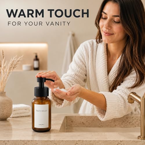 Amber Glass Foaming Soap Dispenser, 2 Pack, 8.5 Oz, Refillable | Foaming Hand Soap Dispenser; Pump Bottles, Non-Slip Bottom, 6 Moisture-Resistant Labels; for Bathroom & Kitchen Counter Decor