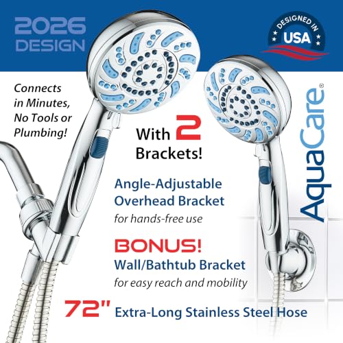 AquaCare 2026 High Pressure 7-mode Handheld Shower Head with Pause Switch | Detachable Showerhead Wand, Stay-Clean Jets, Extra-long 6 ft. Stainless Steel Hose, Dual Wall & Overhead Brackets / Chrome - color: Chrome