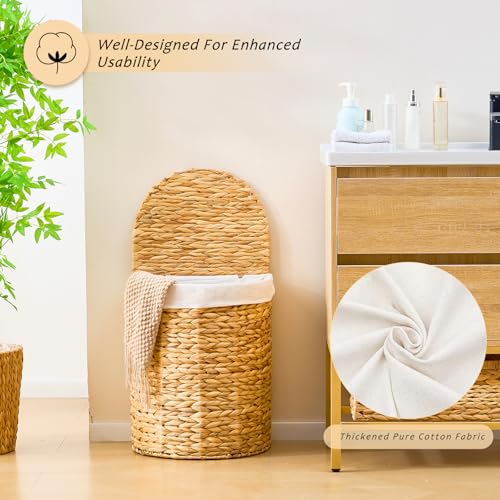 Half Round Wicker Laundry Hamper with Lid and 2 Removable Liner Bags, Handwoven Natural Water Hyacinth Laundry Basket for Dirty Clothes, Natural - color: Natural, size: 60L