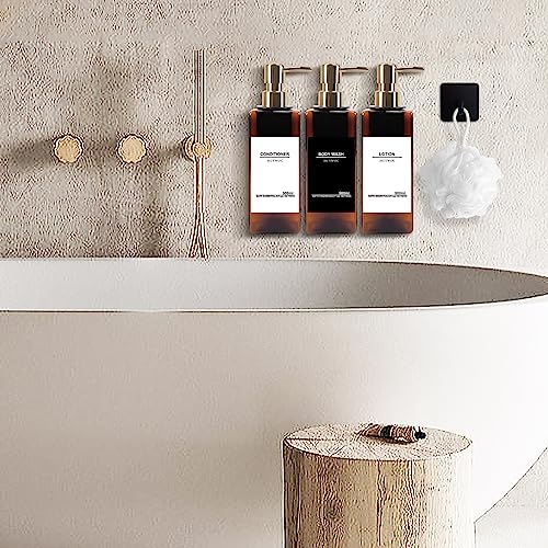 Shampoo and Conditioner Dispenser, No Drill, 16 Waterproof Labels | Shampoo Dispenser for Shower Wall, Shower Soap Dispenser Wall Mounted 3 Chamber, Bathroom, 17oz, Gold Amber - color: Amber Bottle + Gold Pump