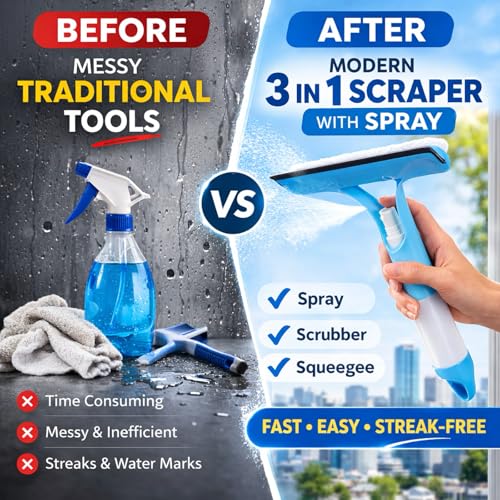 3-in-1 Window Squeegee with Spray Bottle, Handheld Glass Cleaning Tool with Microfiber Scrubber and Silicone Blade, Refillable Window Cleaner for Mirrors, Shower Doors, Tiles & Car Windows (Blue) - color: Blue