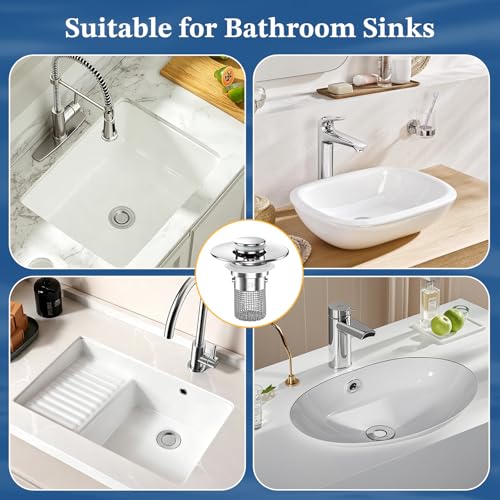 Bathroom Sink Drain Strainer,Pop Up Sink Stopper with Removable Stainless Steel Hair Catcher Basket, Anti-Clog Bathroom Sink Drain Plug for 1.1-2.36 Inch Drain Holes (Sliver 4Pcs) - color: Sliver-4pcs