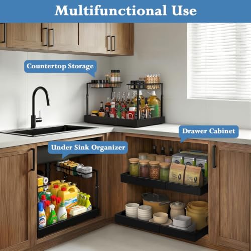 Aisslro Under Sink Organizer, 2 Tier Pull Out Cabinet Organizer, Expandable & Adjustable Slide Out Shelf 17.9''–29.5'', Under Sink Storage for Kitchen Bathroom Laundry Cabinet Storage, Black - size: Large