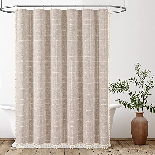 BTTN 54x78 Boho Farmhouse Linen Heavy Duty Shower Curtain Set, Tan/Taupe | Narrow Long Size, 330GSM Linen Blend, 3-side Tassels, Waterproof Fabric, 10 Plastic Hooks, Rustic Bohemian, Machine Washable - color: Taupe, size: 54"W x 78"L (Pack of 1)