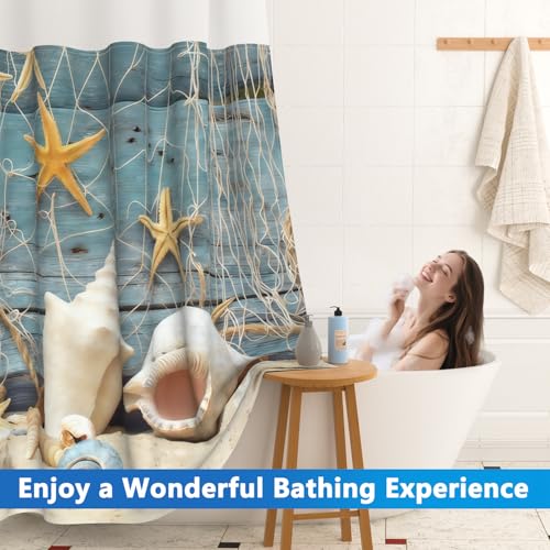 Shower Curtains for Bathroom No Hooks Needed, Beach Fishing Net Design No Hooks Shower Curtain with Snap in Liner and See Through Window, Double-layer Waterproof Shower Curtain with Weighted Bottom - color: Fishing Net
