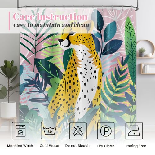 Tropical Leopard Extra Long Shower Curtain, Tall 72x96 in | Tall 96 inch XL, Floor to Ceiling, Pink and Green Natural Leaves Pattern, Waterproof Polyester Fabric, with Metal Hooks - color: Cheetah, size: 70"W x 96"L (Pack of 1)