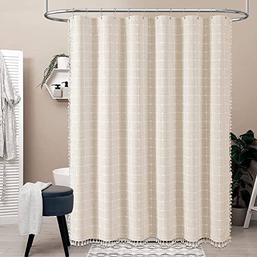 54x78 Boho Farmhouse Linen Heavy Duty Shower Curtain Set, Cream/Beige | Narrow Long Size, 330GSM Linen Blend, 3-side Tassels, Waterproof Fabric, 10 Plastic Hooks, Rustic Bohemian, Machine Washable - color: A - Cream, size: 54"W x 78"L (Pack of 1)