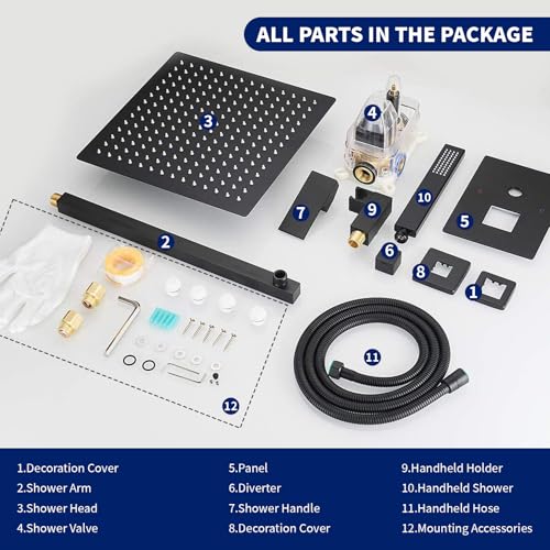 BWE 12 Inch Matte Black 2-Faction Wall Mounted Bathroom Shower System Set | Brass and Stainless Steel,Rainfall Shower Head,Handheld Shower Head,Pressure Balance Valve,Escutcheon Plate,Hotel,Bath Center - color: Matte Black, size: 12 Inch