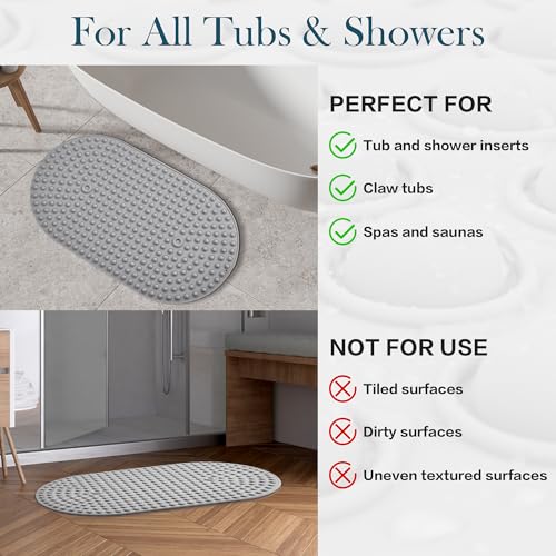 Non Slip Shower Mat 27x15 - Small Oval Bath Mat for Inside Tub, Silicone Bubble Pop It Bathroom Floor Mat with Strong Suction Cups, Quick Dry, Anti Slip Bathtub Mat for Shower, Grey - color: 27x15"-grey