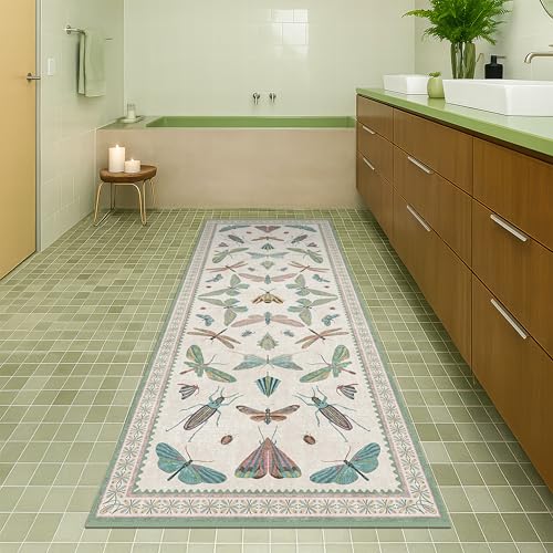 Hazo Haus Washable Non Slip Bathroom Runner Rug 2x5, Insect Boho Bath Mat, Stain Resistant Low Pile Butterfly Insect Print Rugs for Laundry Room, Powder Room, Beige Green - color: Beige Green, size: 2' x 5' (Runner)
