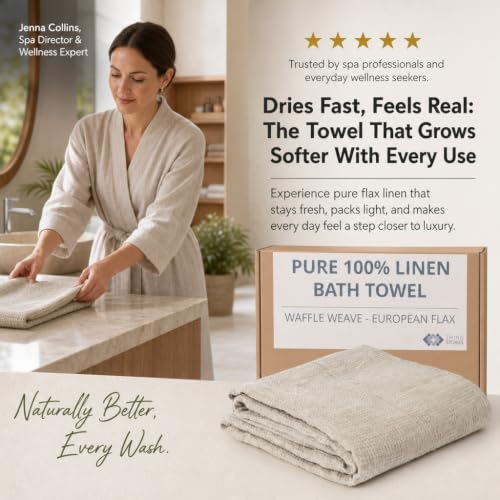 Pure 100% Linen Bath Towel - 30x60-inch Lightweight Travel Towel - Linen Beach Towel Waffle Weave Quick Dry Hair Towel - Thin Towels for Bathroom - color: Natural Linen, size: Bath Towel