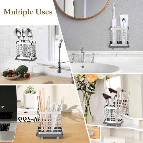 Shinowa Toothbrush Holder Wall Mounted for Bathroom 2 Slots, Silver | Stainless Steel Electric Toothbrush Toothpaste Holder with Fast Dry Tray, Adhesive and Countertop Bathroom Accessories - color: Silver