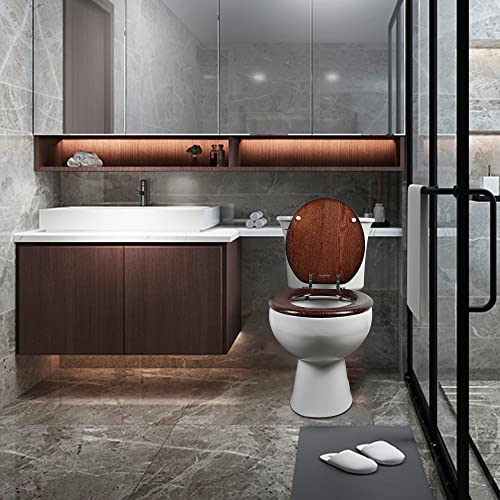 Angel Shield Durable Wood Veneer Natural Toilet Seat Metal Hinged Easy Clean Anti-scratch American Standard(Round,Dark Walnut) - color: Dark Walnut, size: Round-16.5”