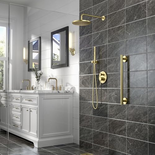 Lava Odoro Modern 2-Setting Round Rain Shower System, Gold Rainfall Shower Faucet Set Rain Shower Head and Handle Set, Shower Valve Trim Kit, 10 Inch, Brushed Gold, SF104-SG - color: Brushed Gold, style: Without Tub Spout