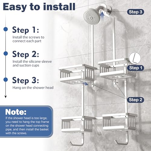 Aluminum Shower Caddy Hanging for Handheld Showerheads, Never Rust Shower Organizer with Hooks Holder Toothbrush Holder,Over Showerhead Caddy for Bathroom - color: Silvery