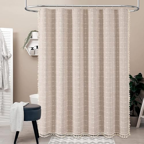 BTTN 54x72 Boho Farmhouse Linen Heavy Duty Shower Curtain Set, Tan/Taupe | Small Size, 330GSM Linen Blend, 3-side Tassels, Water Repellent Fabric, 10 Plastic Hooks, Rustic Bohemian, Machine Washable - color: Taupe, size: 54"W x 72"L (Pack of 1)
