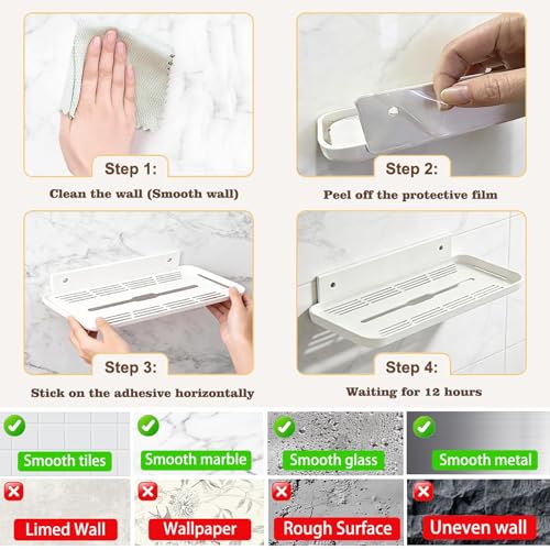 Wall Mounted Floating Shelf, Self Adhesive Shelf, No Drill Adhesive Wall Shelf, Floating Shelves Damage-Free Expand Walls Space for Living Room Kitchen Bathroom (2, White) - color: White