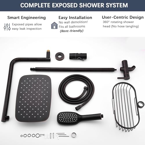 SonTiy Retrofit Rain Shower System Wall Mount, Oil Rubbed Bronze 12 Inch Rain Shower Head with Handheld Jet Spray with Slide Bar, Shower Caddy & Solid Brass Rail for Tall People - color: Oil Rubbed Bronze, style: 1.8 Gallons Per Minute-Square