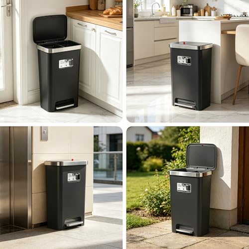 Kitchen Trash Can with lid ,Large 12 Gallon Slim Tall trash Can,Narrow Trash Bin Step-on with Lid, Plastic Black Garbage Can with Stainless Steel Rim for Bathroom,Living room,Bedroom,Yard,Garden