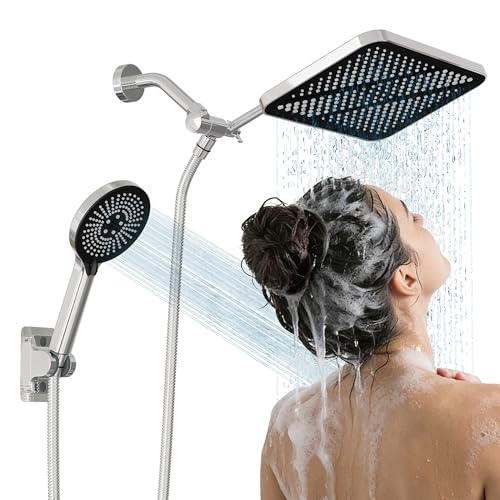 RFOUO 11 Inch Wide Rain Shower Head with Handheld,Chrome | High Pressure Rainfall, Dual Shower Head Combo with Adjustable Arm, 3-Mode Detachable Handheld Spray,with 59 Inch Hose - color: Chrome