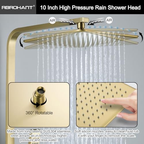 RBROHANT Brushed Gold Exposed Shower System with Tub Spout, Exposed Shower Fixtures for Bathroom with Brass 3-Functional Valve, Shower Height Adjustable, Wall Mounted - color: Brushed Gold