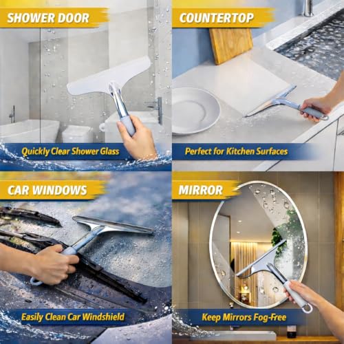Shower Squeegee for Glass Shower Doors Bathroom Tile Mirror – Streak-Free Silent Window Cleaner with Non-Slip Handle and Adhesive Hook for Car and Home Cleaning