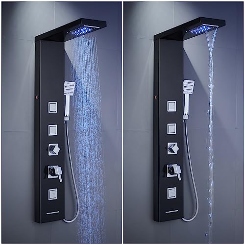 5-in-1 LED Shower Panel Tower System Stainless Steel Black | Rainfall + waterfall heads | 3 massage jets | Handheld shower | Tub spout | LED lights | Wall mount - color: Black