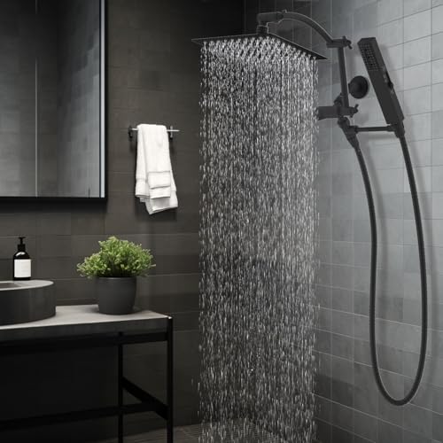 Hibbent All Metal CUPC Certified 8'' Rainfall Shower Head, Dual Shower Head Combo, High Pressure Handheld 4 Sprays Shower Wand, 16'' Adjustable Extension Arm, 71'' Hose, Shower Holder, Matte Black - color: Matte Black, style: Square 8''