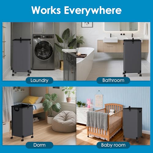 2Pcs Laundry Basket With Wheels 105L, Large Rolling Laundry Hamper With Removable Bag, Metal Frame Collapsible Dirty Clothes Bin, Cloth Organizer Hampers Pull Handle For Bathroom, Dorm, Bedroom Grey - color: Grey - 2 Pack