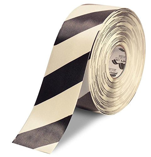Mighty Line Diagonal Chevron Floor Marking Tape, 4 in White and Black | 100 ft Roll, for Workplace Safety, Caution, Warning, Hazard, Industrial Quality, Peel and Stick Adhesive Application - size: 4 inch, style: White With Black Chevrons