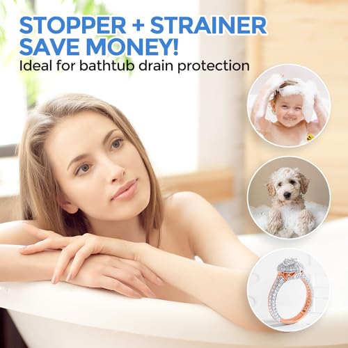 2 in 1 Bathtub Drain Stopper & Hair Catcher Pop-Up Plug | Upgraded Silver Pop Up Tub Plug for 1.46-2" Drain, Replaces Lift & Turn Tip-Toe or Trip Lever, Easy Hair Catcher