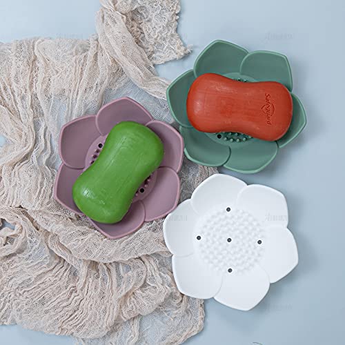 AUEAR, 4 Pack Lotus Flowers Soap Dish with Drain Silicone Holder Non-Slip Flexible Tray for Bathroom Shower - color: White & Grey & Green & Pink, size: 4 Pack