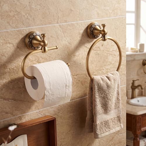 2 Pcs Antique Brass Toilet Paper Holder Towel Ring Set, Vintage Bathroom Hardware, Wall Mounted Toilet Tissue Holder Hand Towel Ring, Rustproof Brass Bathroom Accessories(Style 2) - style: Style 2