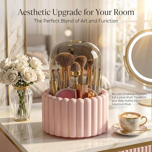 Makeup Brush Holder with Dustproof Lid, 360 Rotating Makeup Organizer for Vanity, 7 Slots Large Capacity Spinning Cosmetic Brushes Storage Box for Dresser, Bathroom Countertop, Pink